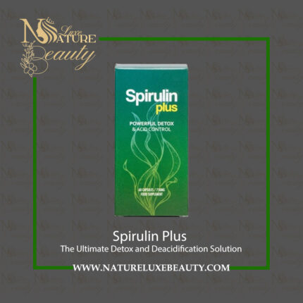 Spirulin Plus product with informational leaflet and supplement details by Nature Luxe Beauty