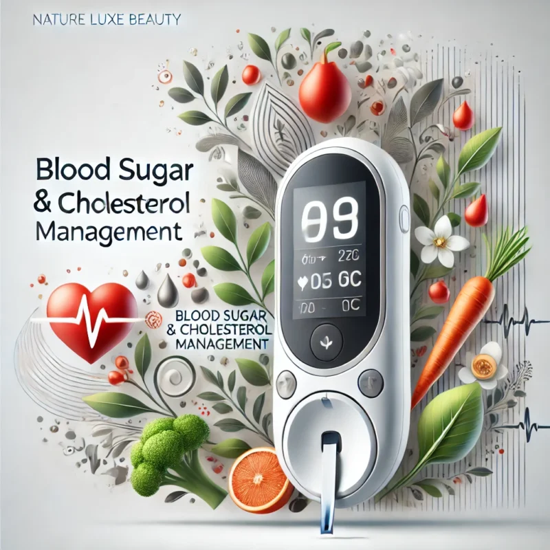 Professional design representing the Blood Sugar & Cholesterol Management category, featuring a glucose monitor, heart icon, fresh vegetables, and healthy food symbols with the text 'Blood Sugar & Cholesterol Management' and the brand name 'Nature Luxe Beauty.