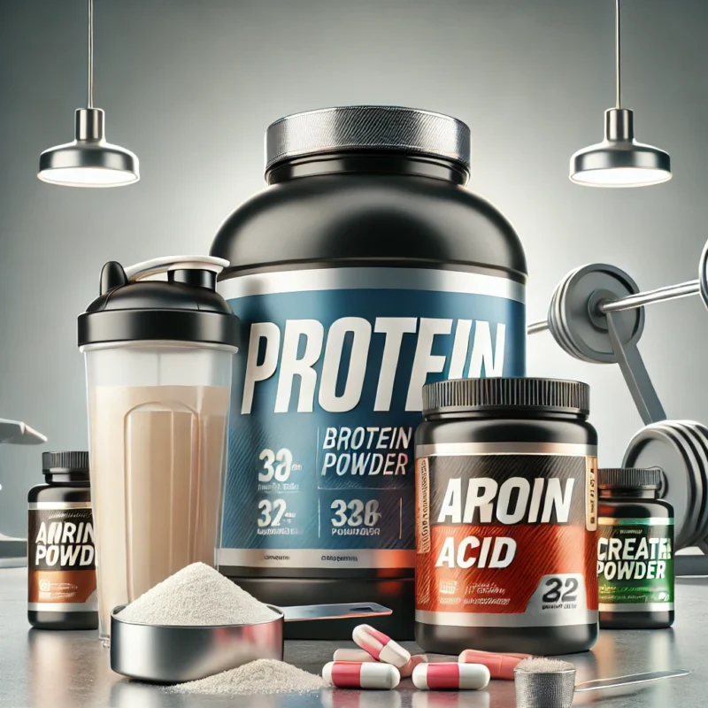 A promotional image showcasing bodybuilding supplements including protein powder, amino acid capsules, and creatine.