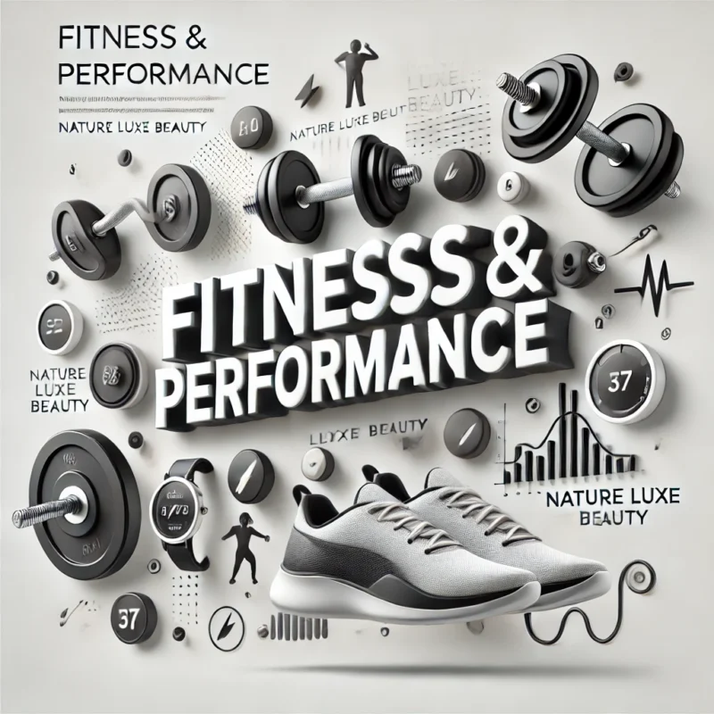 Professional design representing the Fitness & Performance category, featuring dumbbells, running shoes, and energy icons with the text 'Fitness & Performance' and the brand name 'Nature Luxe Beauty.