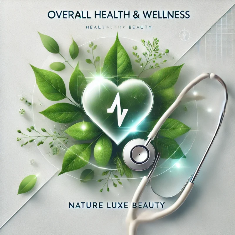 Professional design representing the Overall Health & Wellness category, featuring a stethoscope, fresh green leaves, and a glowing heart icon with the text 'Overall Health & Wellness' and the brand name 'Nature Luxe Beauty.