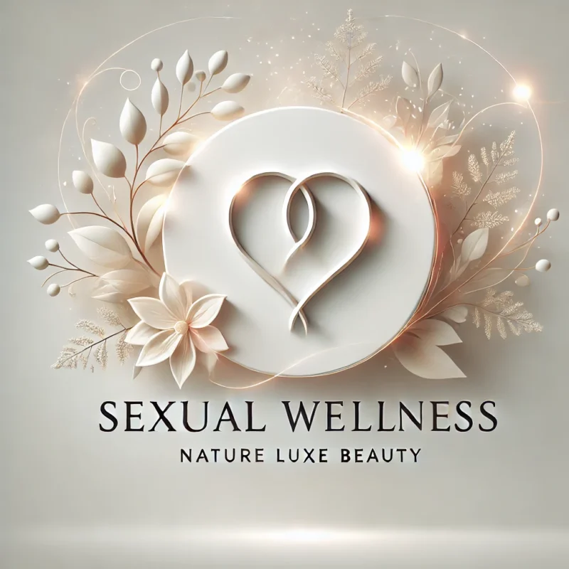 Elegant design representing the Sexual Wellness category, featuring intertwined heart icons, a glowing aura, and soft floral accents with the text 'Sexual Wellness' and the brand name 'Nature Luxe Beauty.