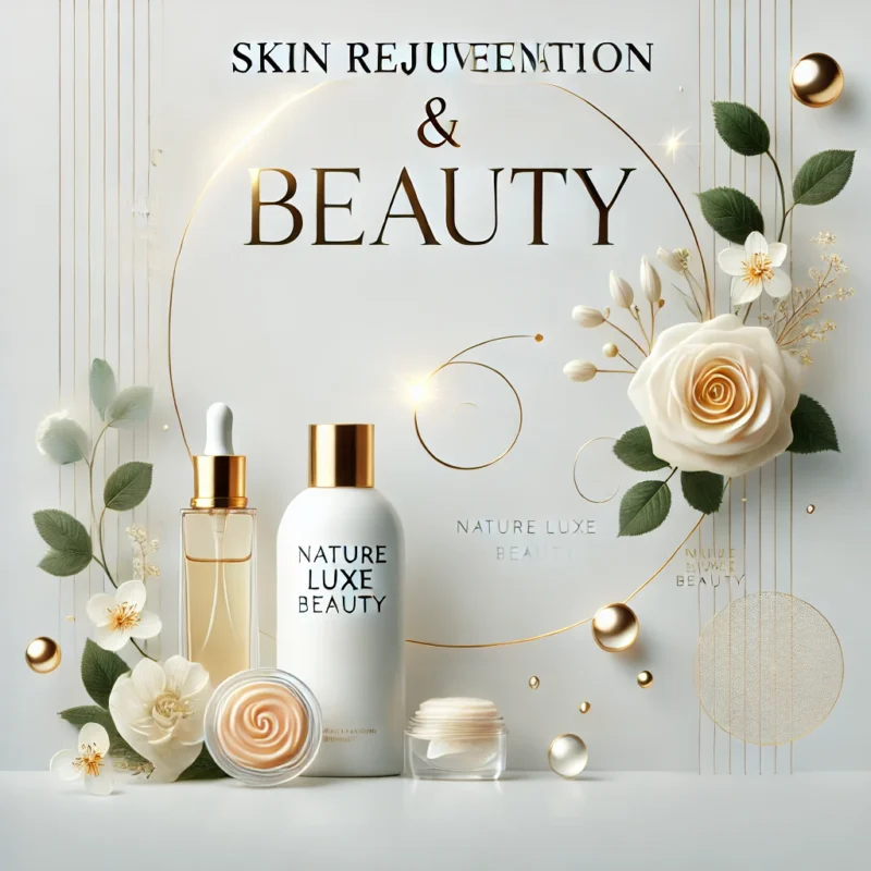 Elegant design showcasing skincare bottles, fresh flowers, and glowing skin icons for the Skin Rejuvenation & Beauty category on the Nature Luxe Beauty website.