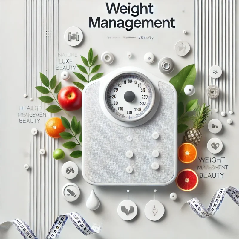 Professional design representing the Weight Management category, featuring a digital scale, fresh fruits, a tape measure, and fitness icons, with the text 'Weight Management' and the brand name 'Nature Luxe Beauty.